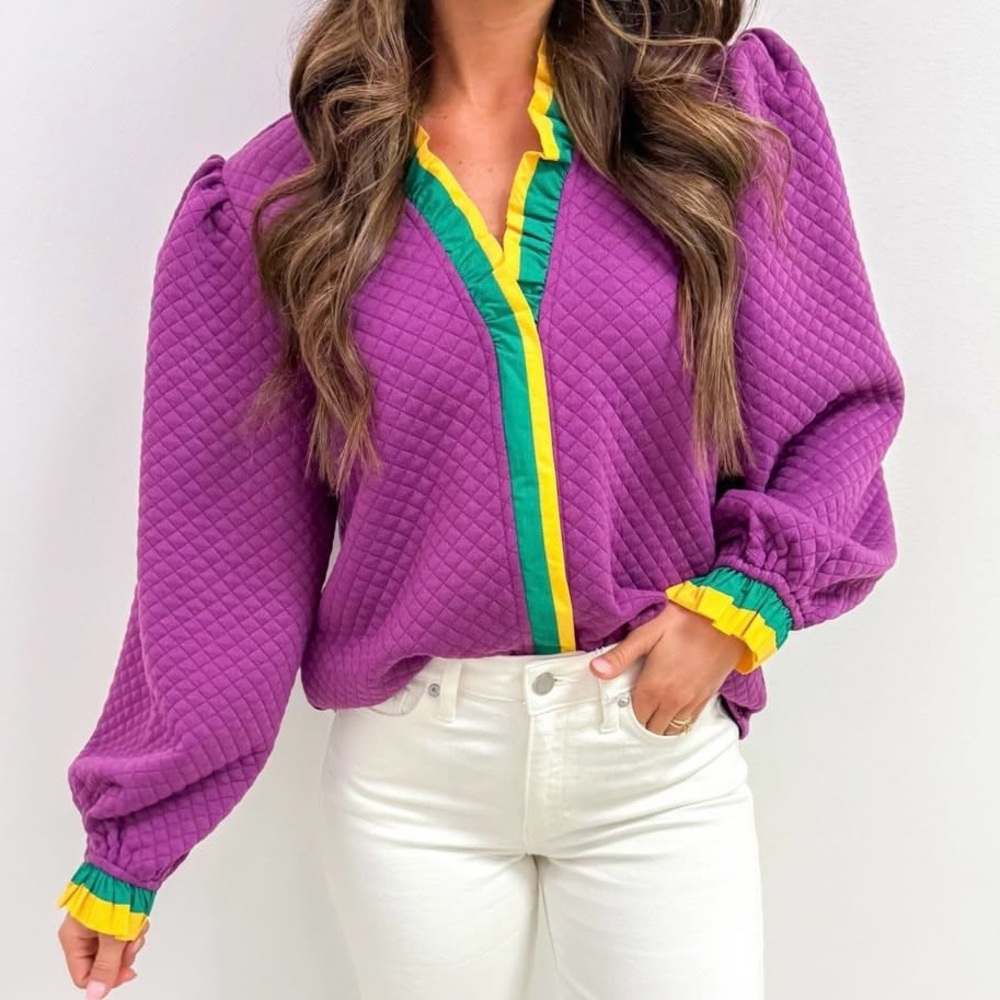 BiBi Purple Quilted Mardi Gras Blouse with Ruffle Trim